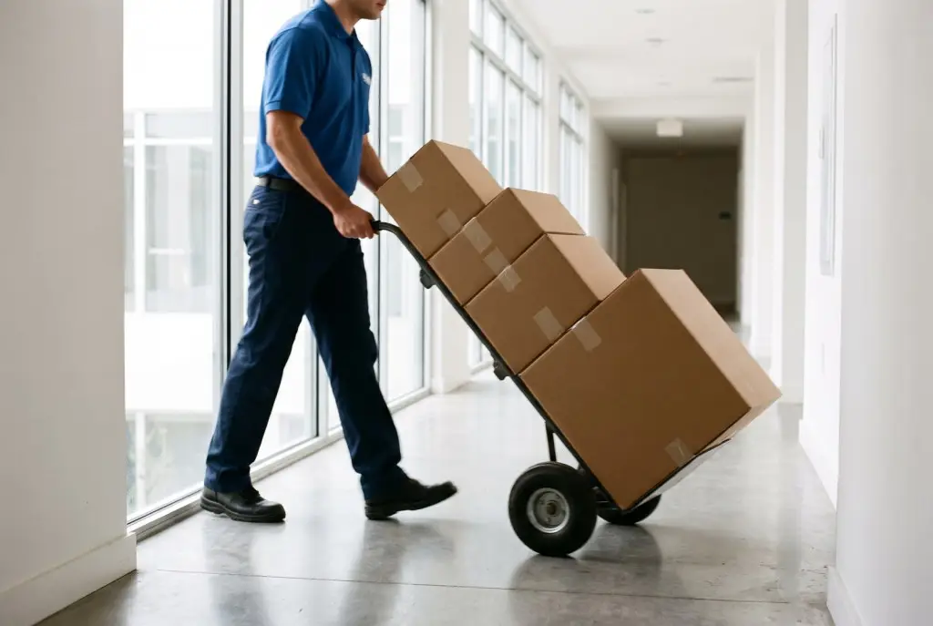 Uniformed Lubbock apartment mover wheeling a dolly stacked with labeled moving boxes down an apartment corridor