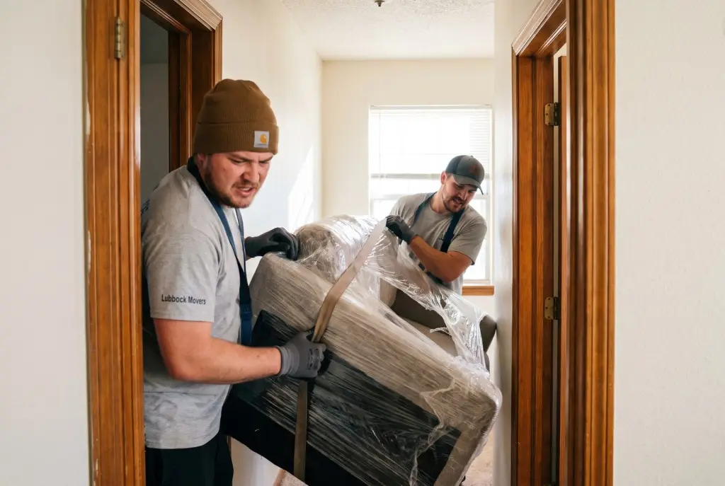 Two professional Lubbock movers carrying a shrink-wrapped sofa through a narrow apartment doorway