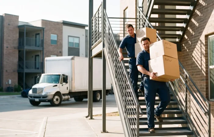 Professional apartment movers in matching uniforms carrying labeled boxes up an exterior staircase into a modern Lubbock apartment complex on a bright day