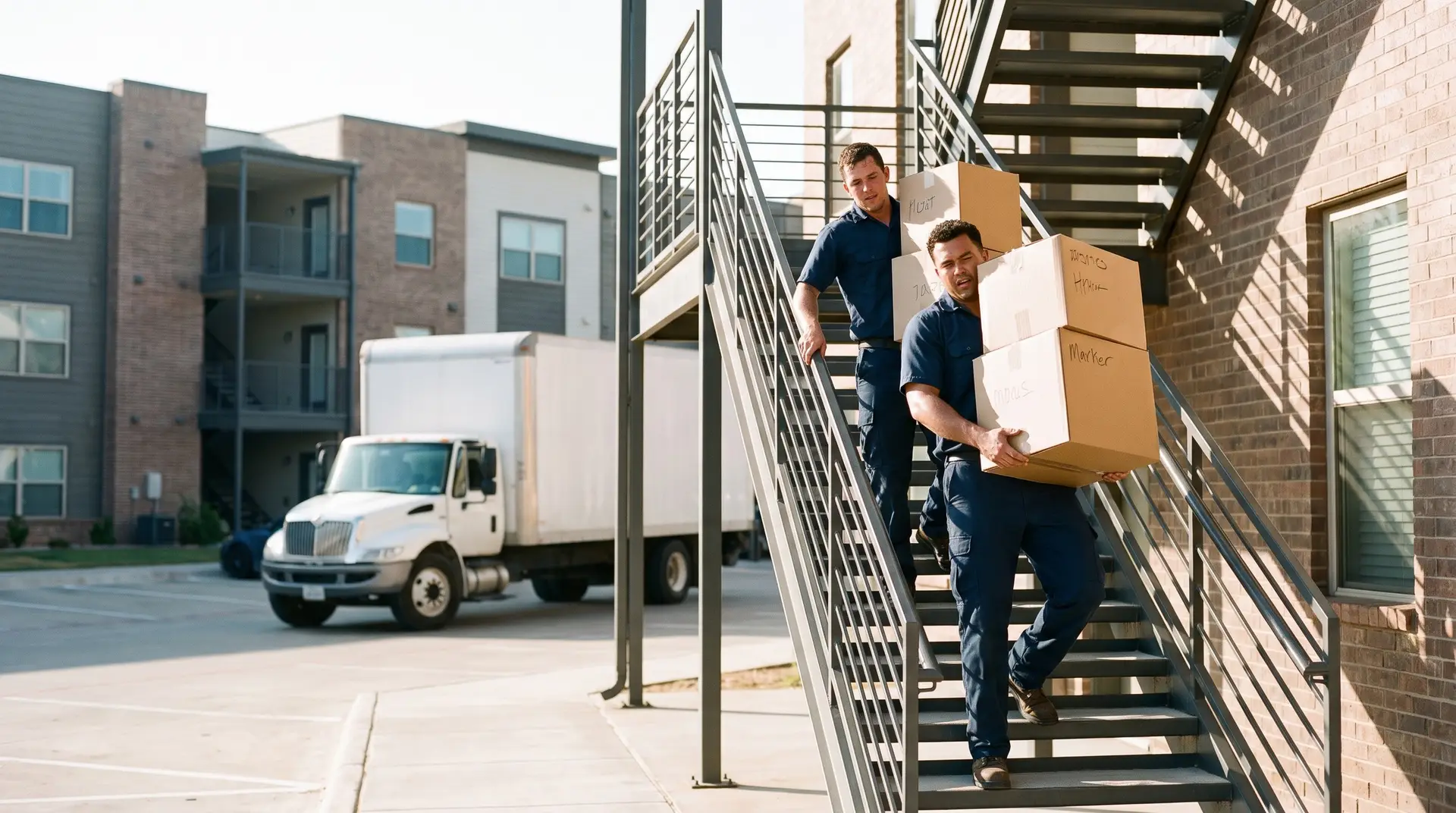 Professional apartment movers in matching uniforms carrying labeled boxes up an exterior staircase into a modern Lubbock apartment complex on a bright day