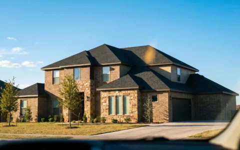 The Best Roof Shingles for Lubbock's Climate 7 A roofer installing the best roof shingles for Lubbock, impact-resistant charcoal shingles, on a modern brick home with a nail gun