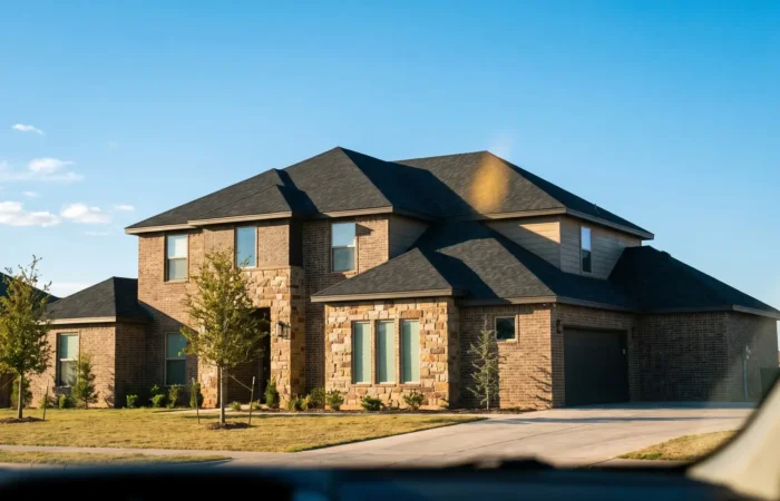 A roofer installing the best roof shingles for Lubbock, impact-resistant charcoal shingles, on a modern brick home with a nail gun