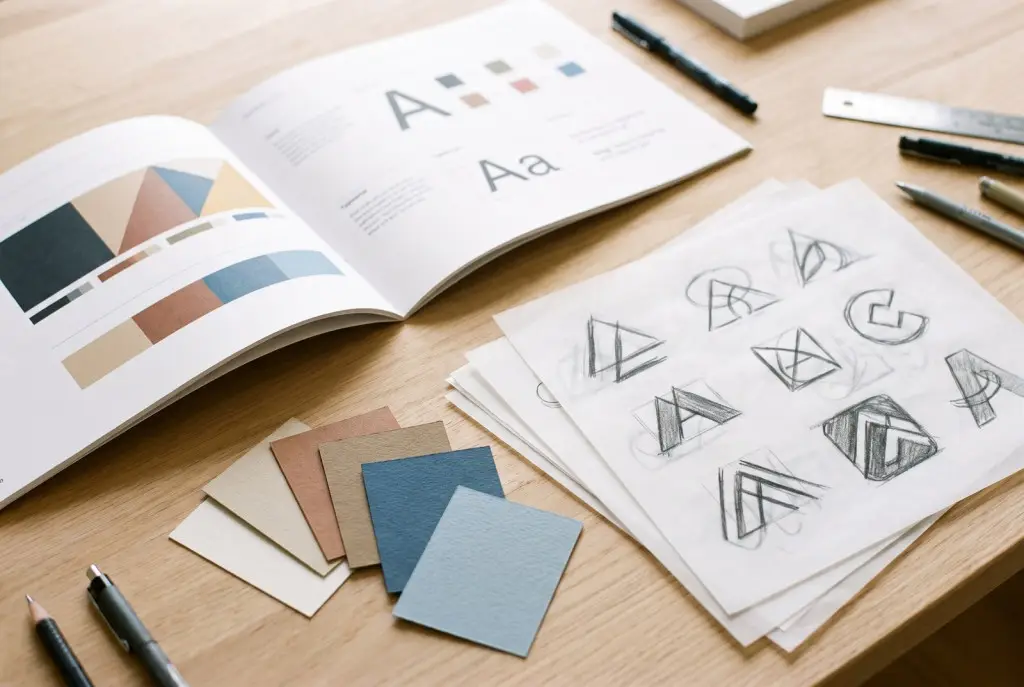 Graphic designer developing branding and a logo for a Lubbock business on a laptop with color swatches in a bright modern studio, screen blurred with no readable text