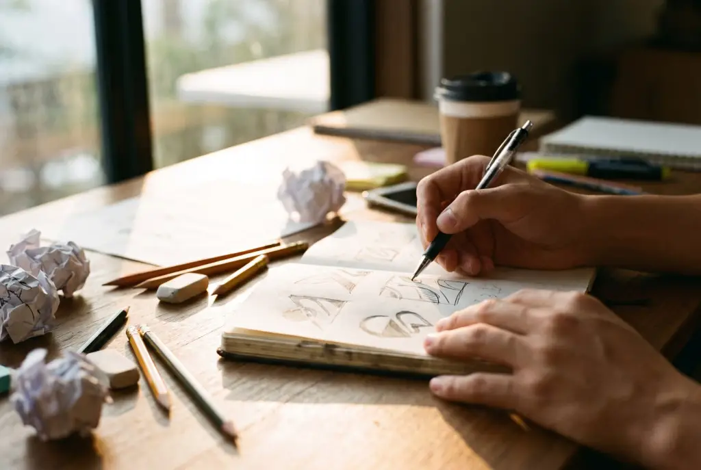 Designer arranging branded graphic design assets and marketing materials for a Lubbock business in a bright studio, screens blurred with no readable text