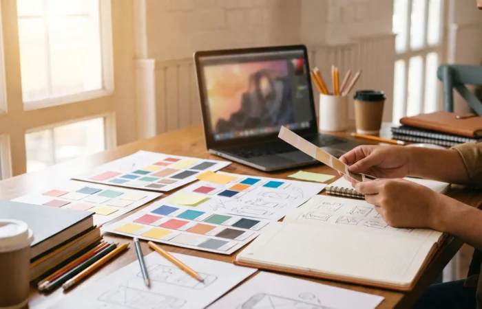 Bright modern Lubbock design studio with a graphic designer laying out brand colors and a logo on a laptop, screen deliberately blurred with no readable text