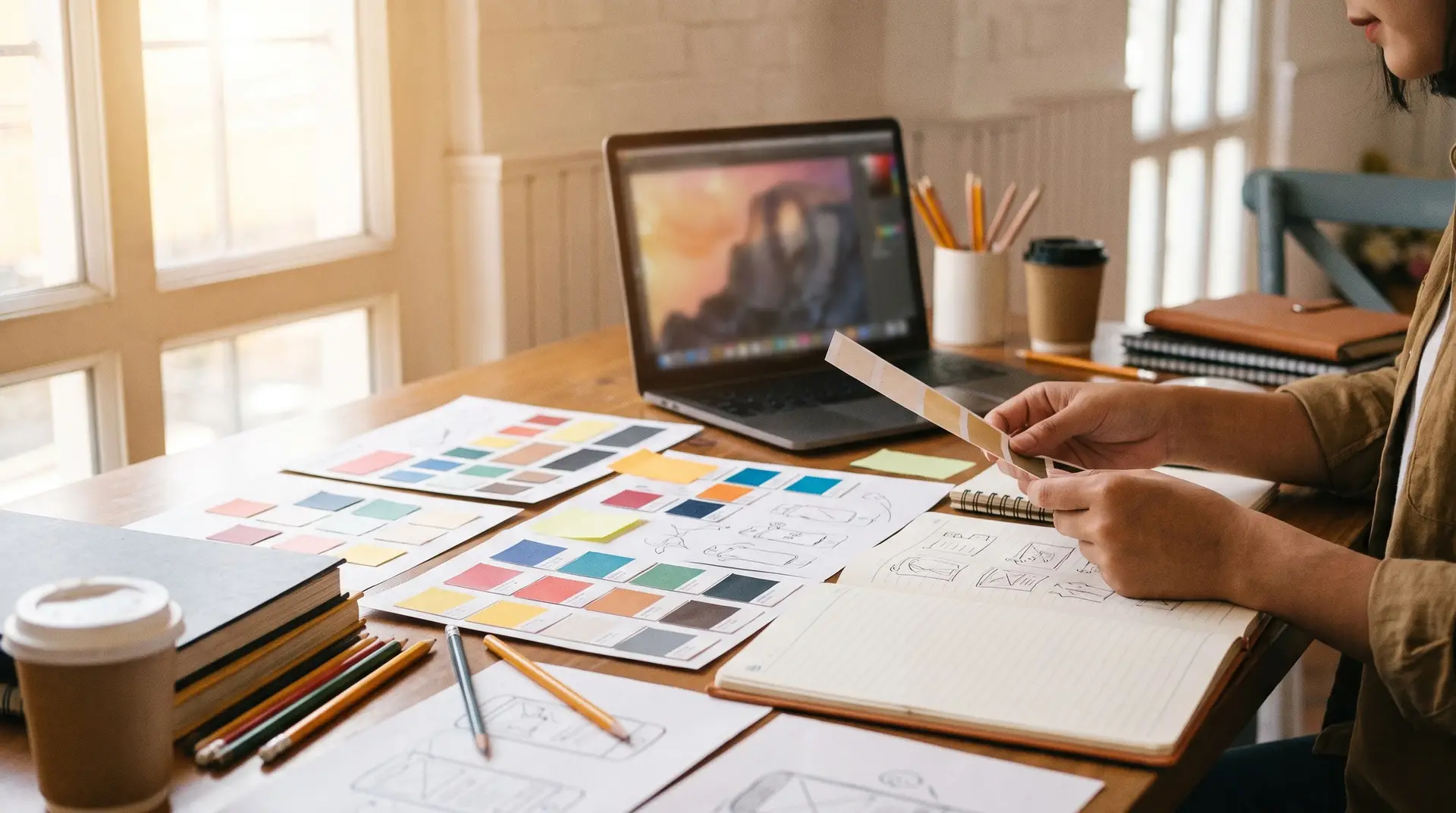 Bright modern Lubbock design studio with a graphic designer laying out brand colors and a logo on a laptop, screen deliberately blurred with no readable text