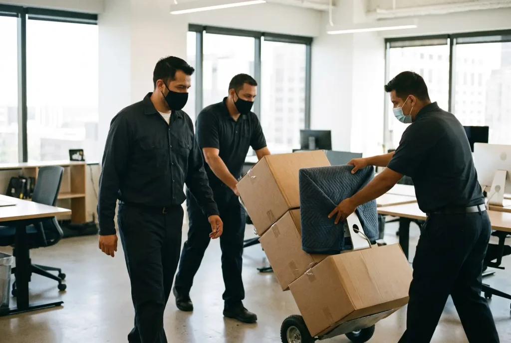 Uniformed Lubbock commercial movers wheeling office equipment and boxes through a modern office