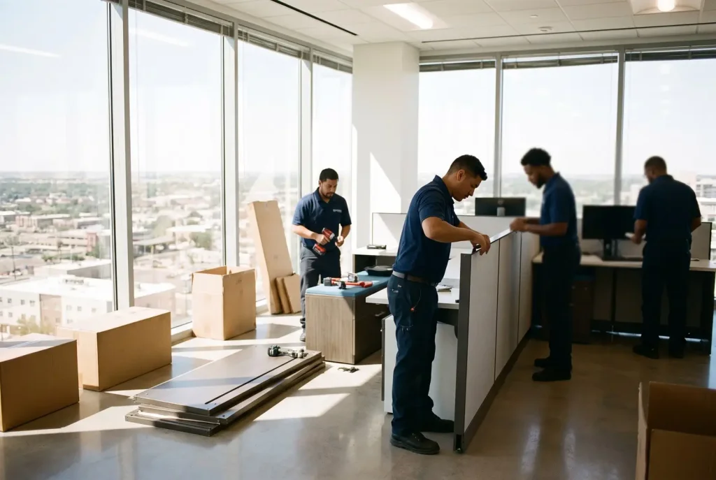 Commercial movers reassembling office desks and workstations in a bright new Lubbock office