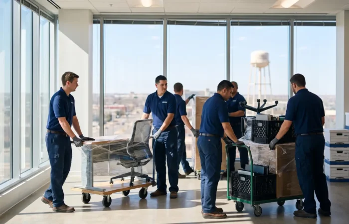 Commercial movers in Lubbock moving office desks and equipment on dollies during a business relocation