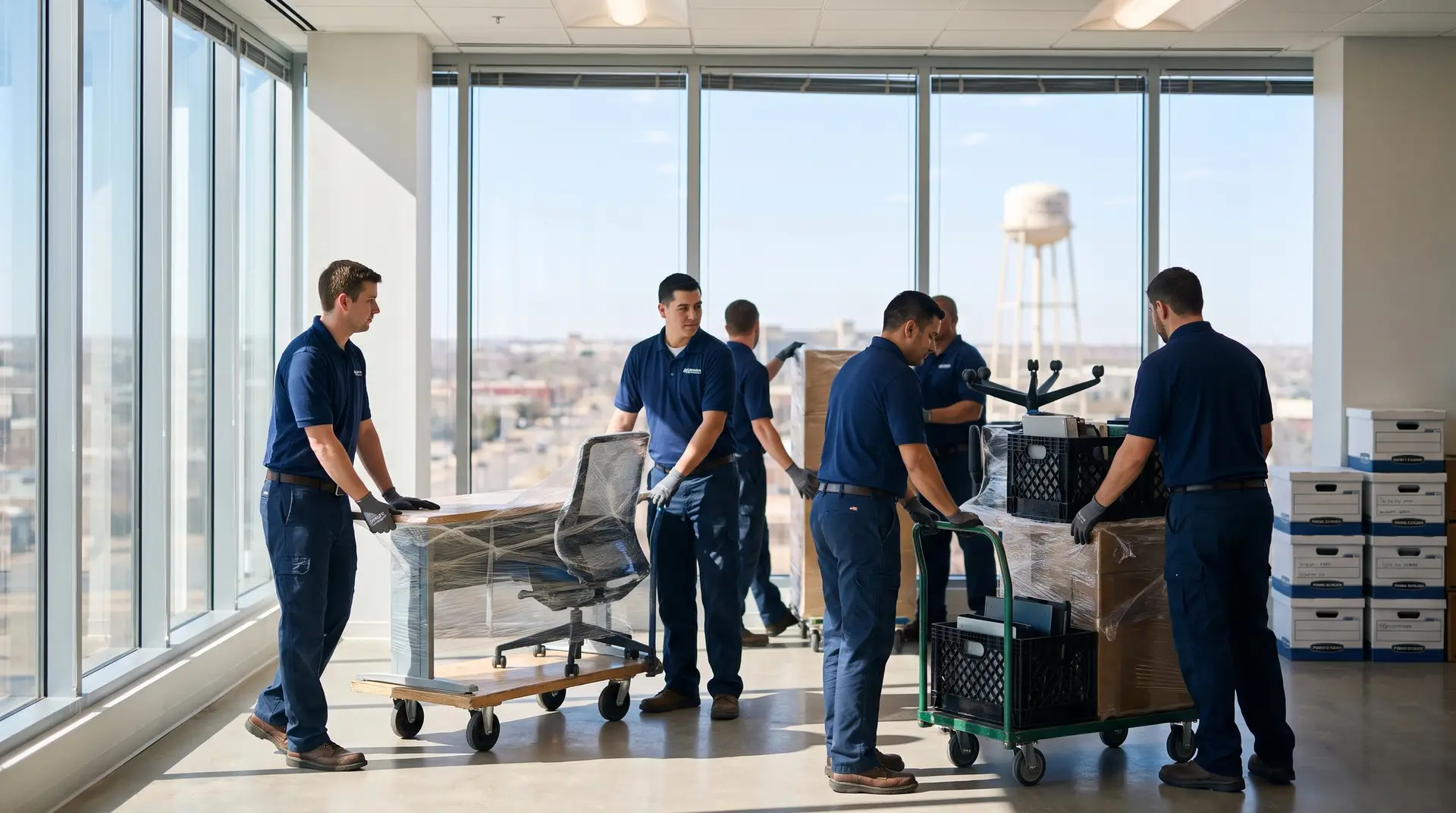 Commercial movers in Lubbock moving office desks and equipment on dollies during a business relocation