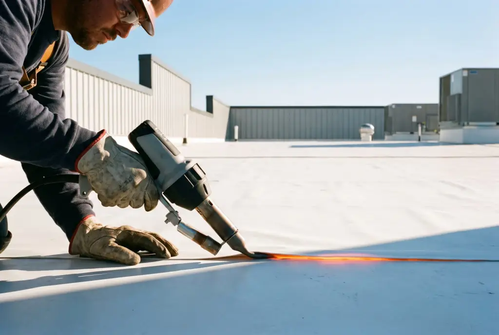 Commercial roofer heat-welding a TPO membrane seam on a flat commercial roof in Lubbock with a modern welding tool