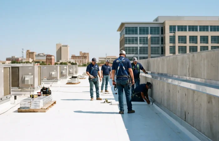 Commercial roofing crew in matching uniforms and harnesses installing a white TPO flat roof on a modern Lubbock business building under a bright blue sky