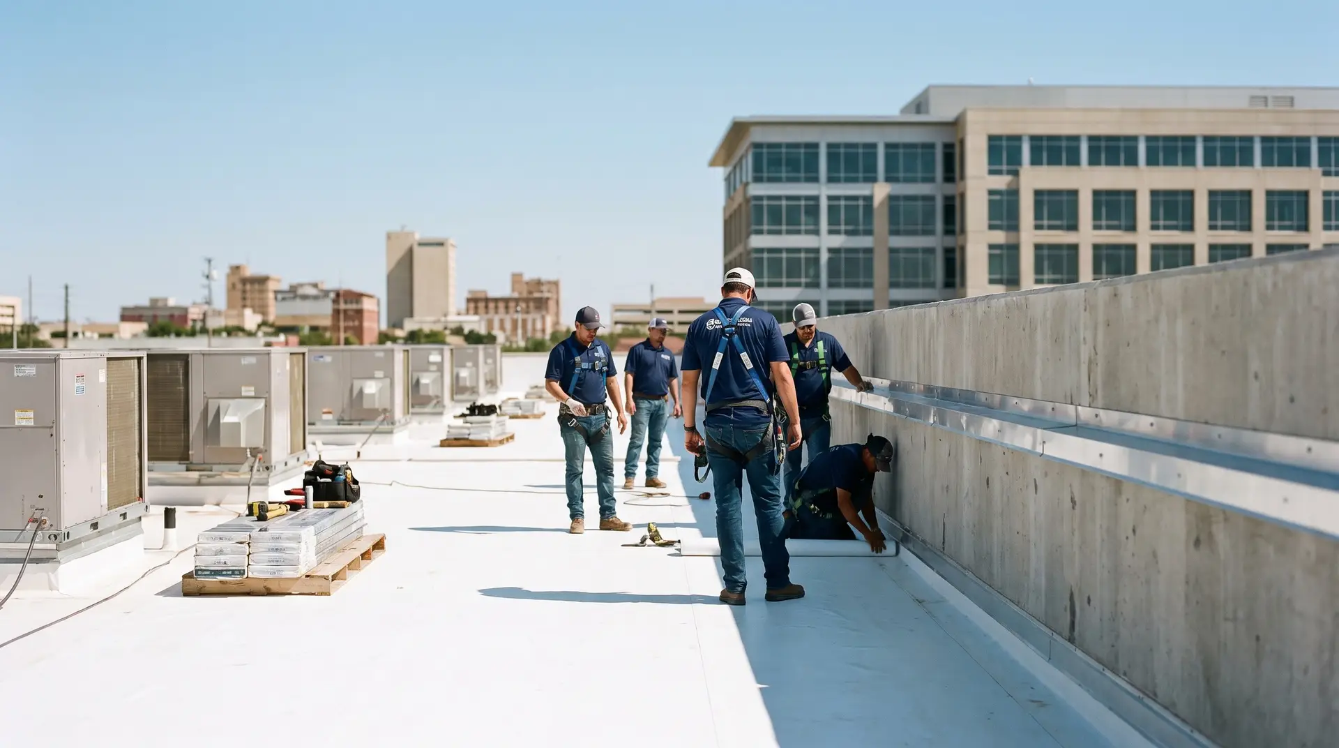 Commercial roofing crew in matching uniforms and harnesses installing a white TPO flat roof on a modern Lubbock business building under a bright blue sky