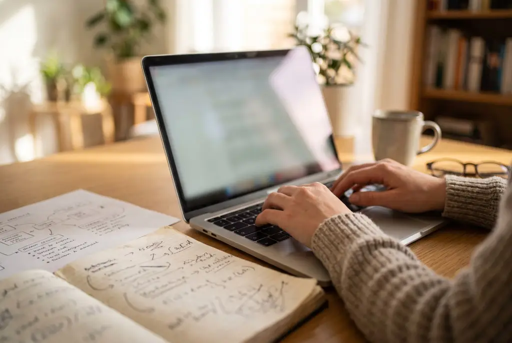 Person writing a helpful local business article on a laptop next to a content plan in a bright Lubbock workspace