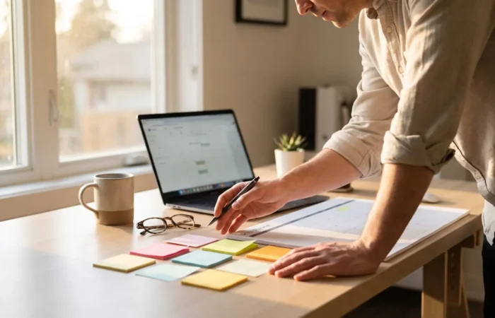 Lubbock marketer planning a content marketing calendar and writing a local blog article on a laptop in a bright modern office