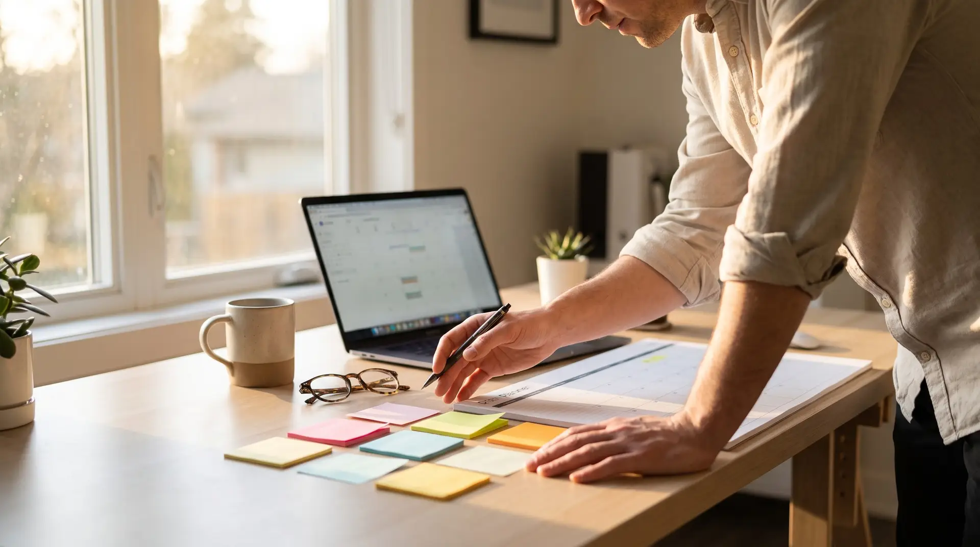 Lubbock marketer planning a content marketing calendar and writing a local blog article on a laptop in a bright modern office