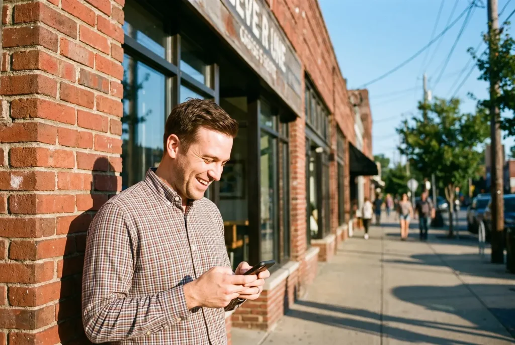 Lubbock small-business owner checking their business on a smartphone outside a storefront on a bright day