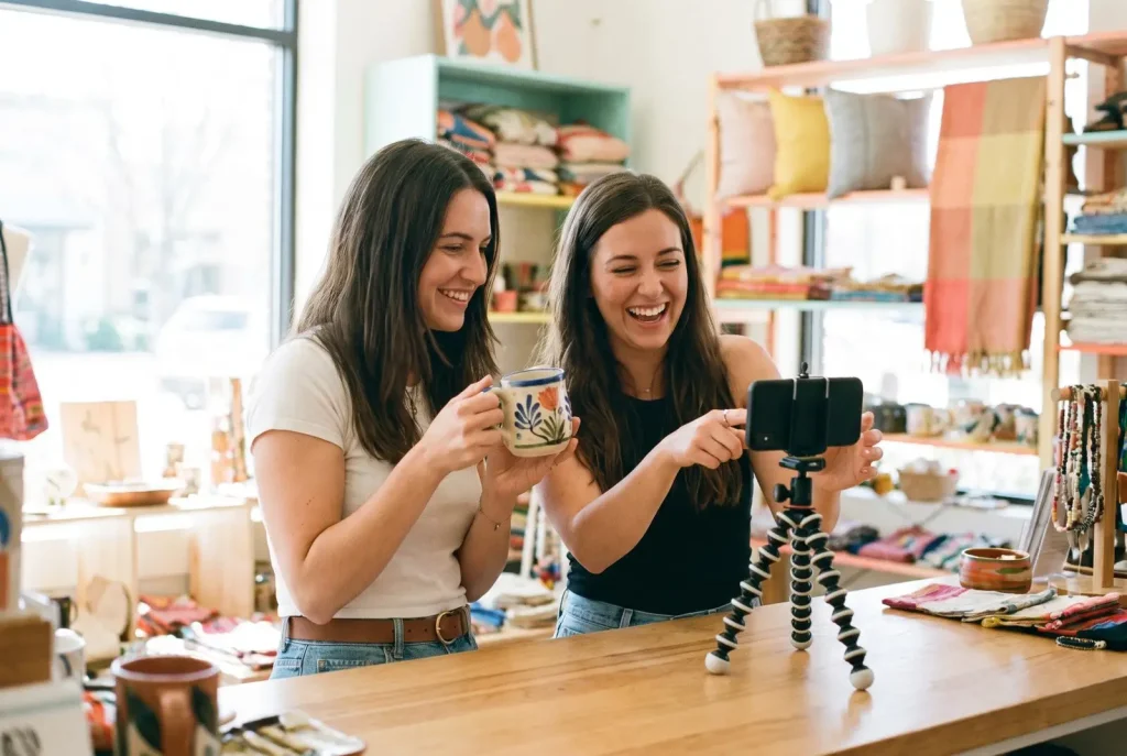 Small-business team filming friendly social media content on a phone inside a bright Lubbock shop