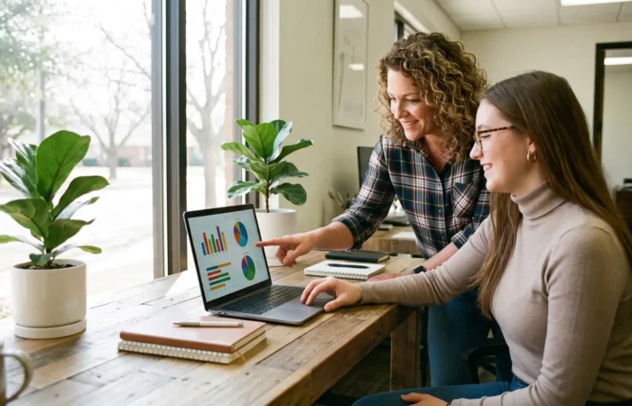 Lubbock small-business owner and marketer reviewing a digital marketing plan on a laptop in a bright modern office