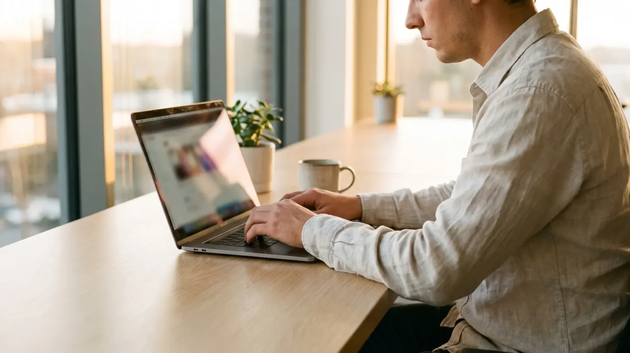 Email Marketing for Lubbock Businesses: Still the Best ROI 2 Bright modern Lubbock office with a marketer writing an email campaign on a laptop, inbox on screen deliberately blurred with no readable text