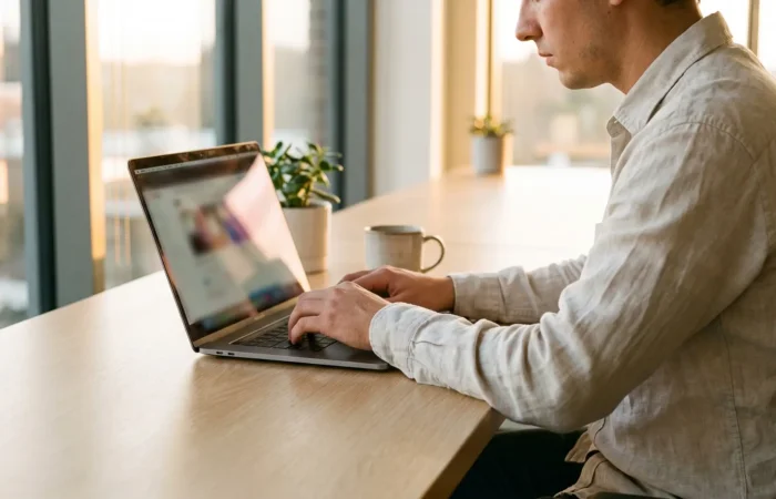Bright modern Lubbock office with a marketer writing an email campaign on a laptop, inbox on screen deliberately blurred with no readable text
