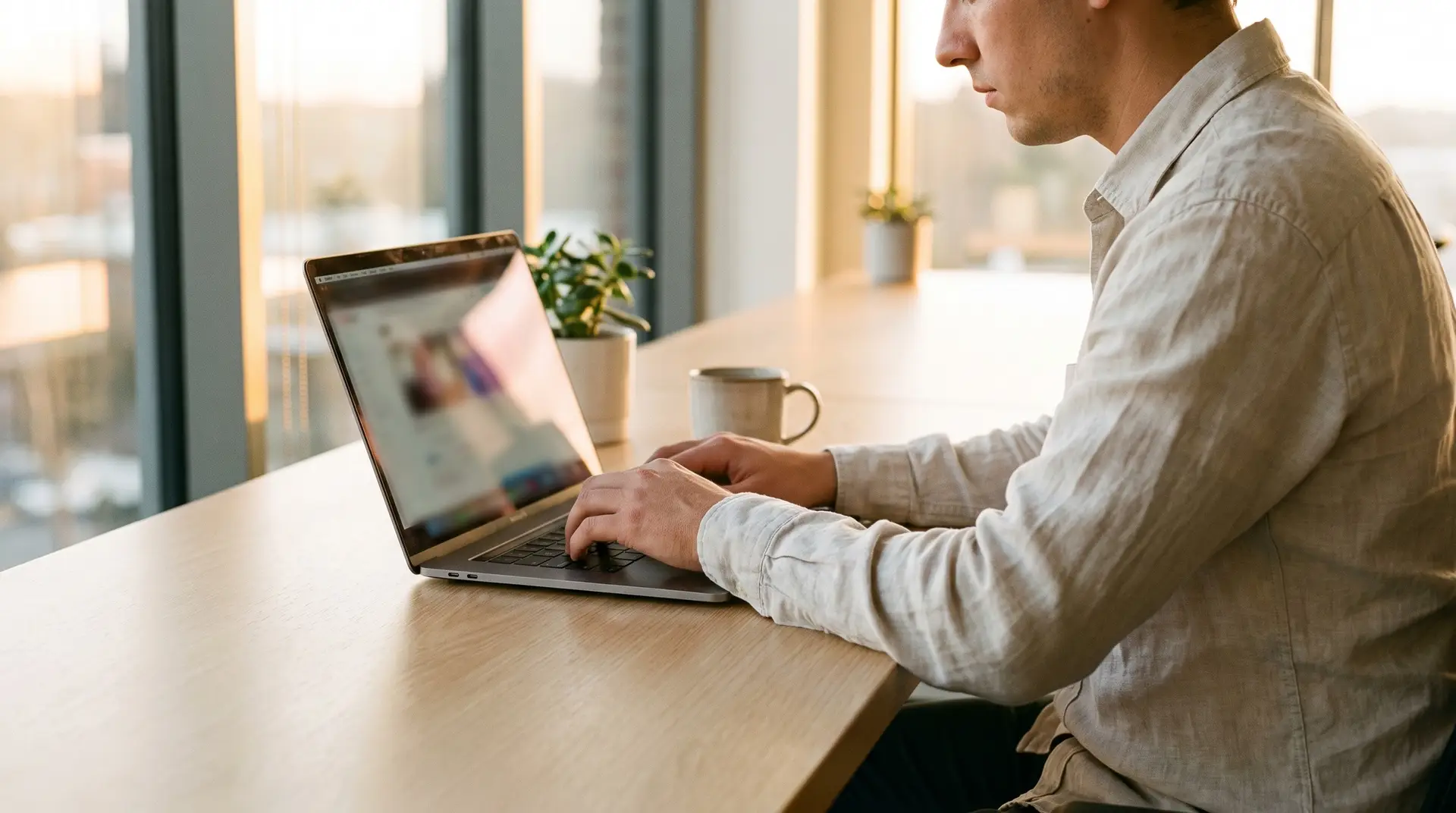 Bright modern Lubbock office with a marketer writing an email campaign on a laptop, inbox on screen deliberately blurred with no readable text