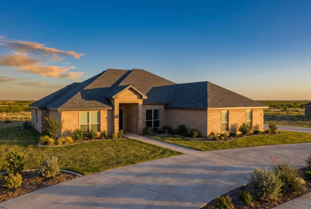 Finished West Texas brick home with a new roof by a Lubbock roofing company