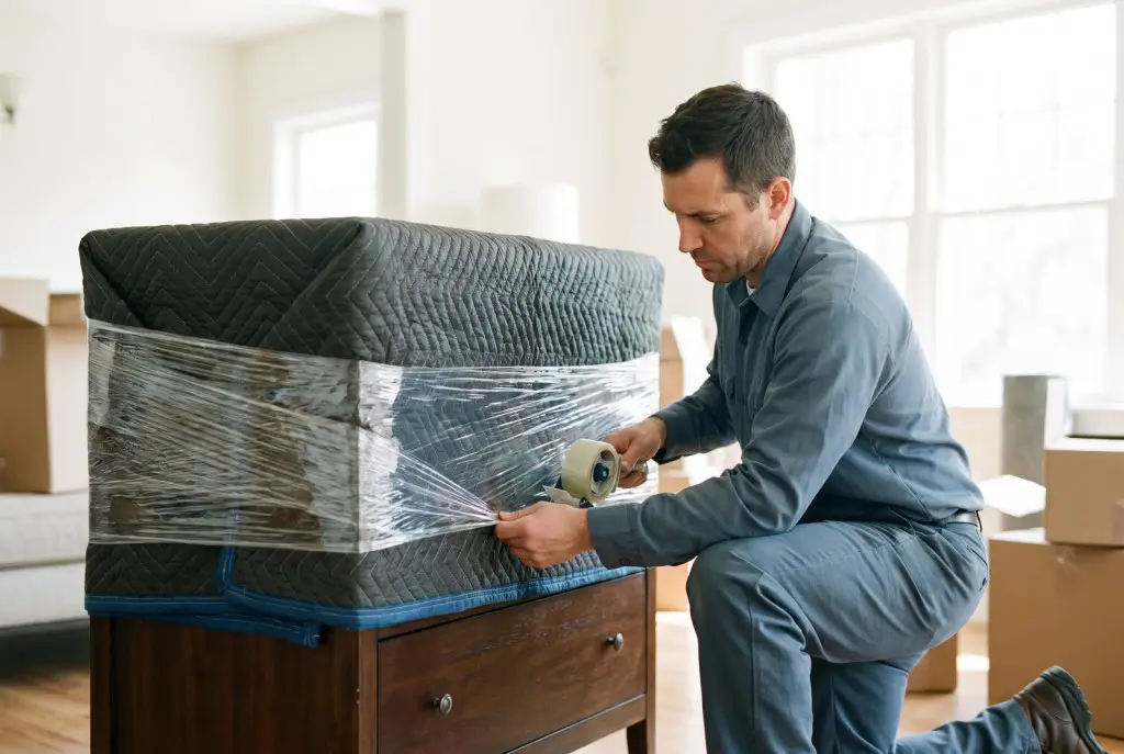 Two uniformed furniture movers in Lubbock carrying a shrink-wrapped sofa down an exterior apartment staircase on a bright day