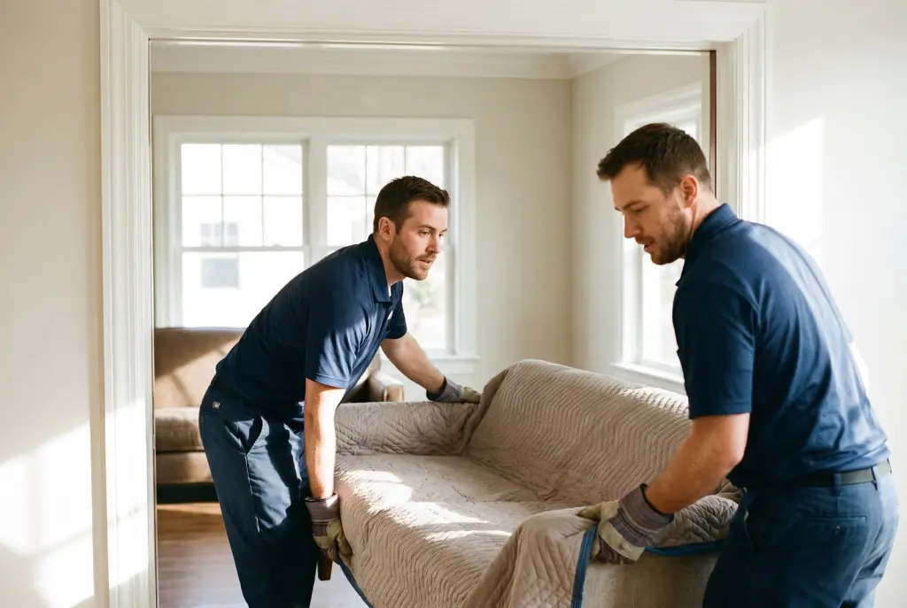 Furniture moving Lubbock crew in matching uniforms loading a blanket-wrapped dresser into a clean moving truck in a modern suburban driveway