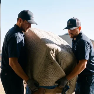 Furniture Movers in Lubbock: Moving Heavy and Awkward Pieces 10 Professional uniformed furniture movers in Lubbock carrying a padded armoire from a clean moving truck into a modern brick home on a bright day