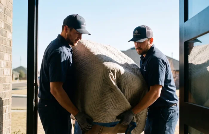 Professional uniformed furniture movers in Lubbock carrying a padded armoire from a clean moving truck into a modern brick home on a bright day