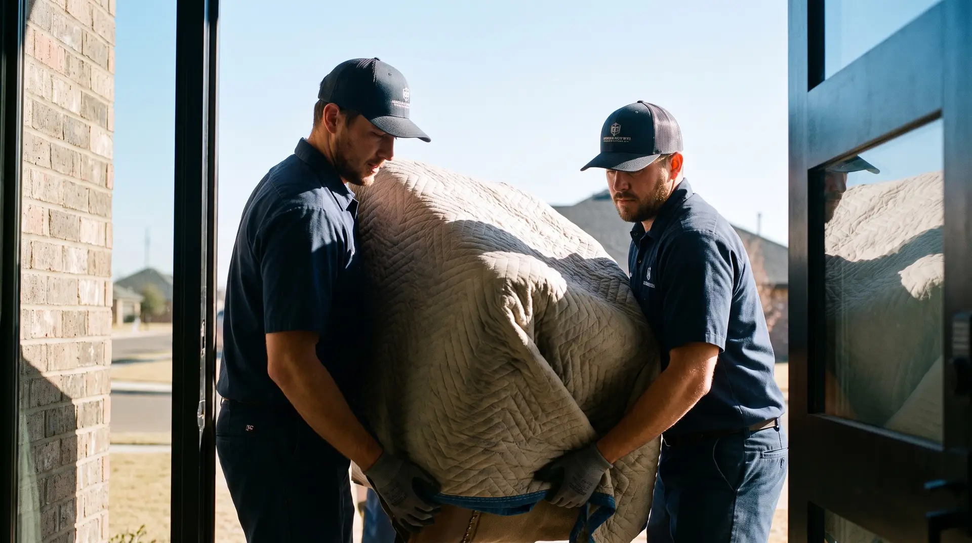 Professional uniformed furniture movers in Lubbock carrying a padded armoire from a clean moving truck into a modern brick home on a bright day