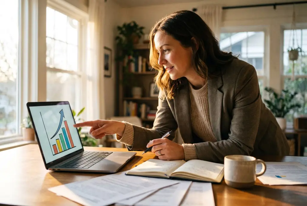 Business owner reviewing a website landing page and ad results on a laptop in a bright Lubbock office
