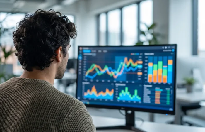 Marketer reviewing a Google Ads performance dashboard with cost-per-lead charts for a Lubbock business on a monitor