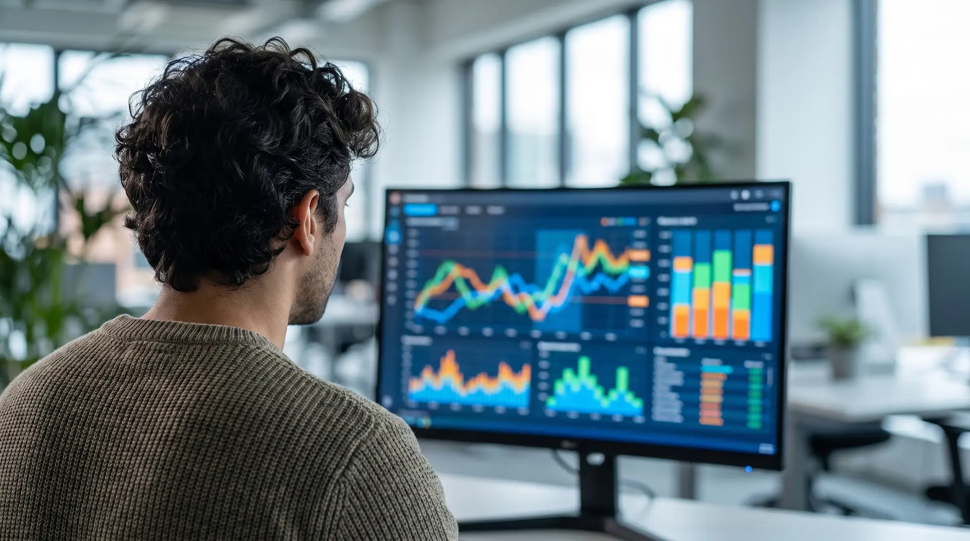 Marketer reviewing a Google Ads performance dashboard with cost-per-lead charts for a Lubbock business on a monitor