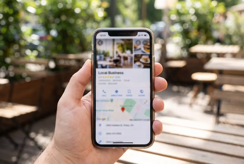 Smartphone showing a Lubbock business Google Business Profile with photos, star reviews, and a map location