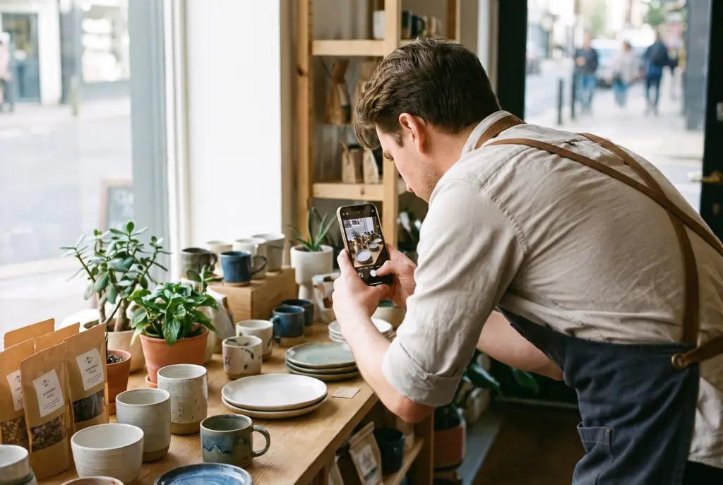 Lubbock business owner taking a photo of their storefront on a smartphone to upload to their Google Business Profile