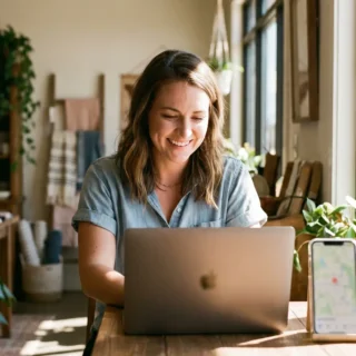 Google Business Profile Optimization for Lubbock Businesses 23 Lubbock small business owner updating their Google Business Profile on a laptop in a bright modern shop with a phone showing a map nearby