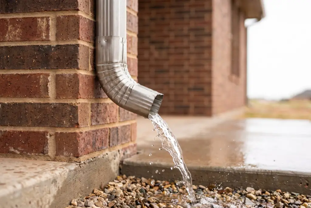 Close-up of a new seamless aluminum gutter and downspout channeling rainwater away from the foundation of a Lubbock brick home