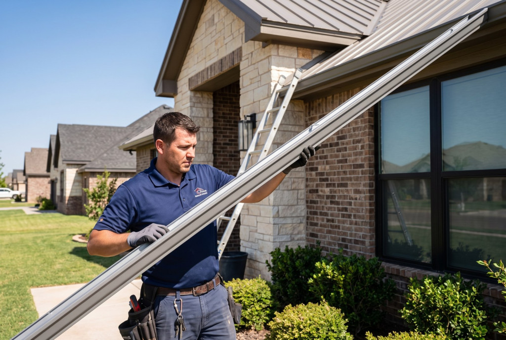 Gutter installer forming and mounting a seamless aluminum gutter along the eave of a modern Lubbock home