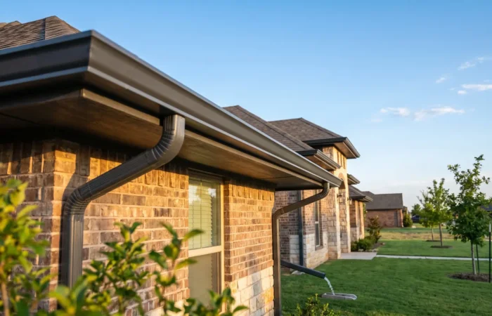 New seamless gutters installed along the roofline of a modern Lubbock brick home under a bright blue sky