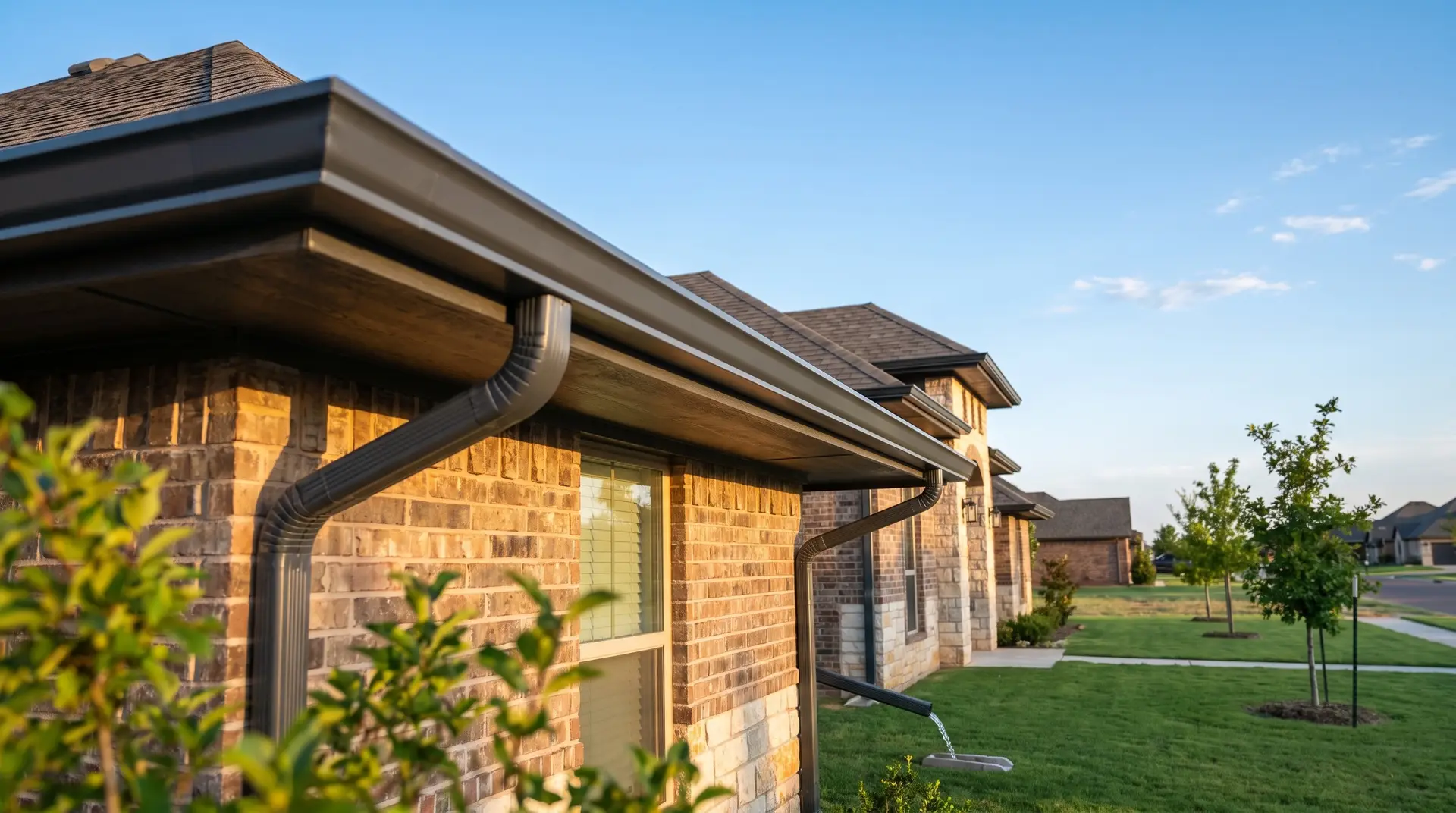 New seamless gutters installed along the roofline of a modern Lubbock brick home under a bright blue sky