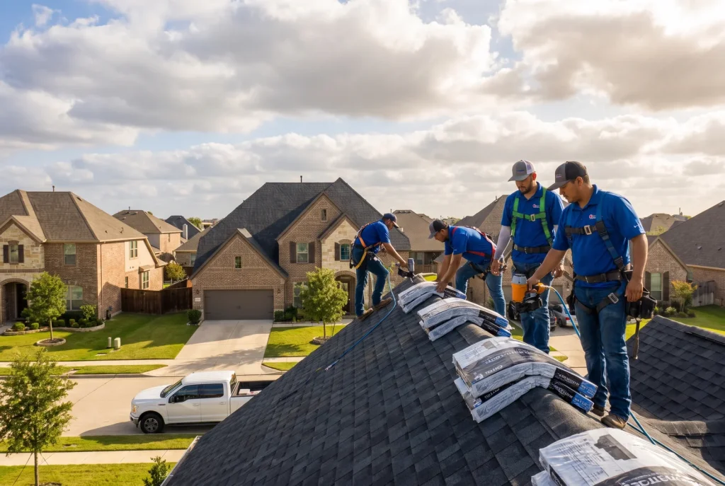 Roofing crew completing hail damage roof repair in Lubbock with new asphalt shingles
