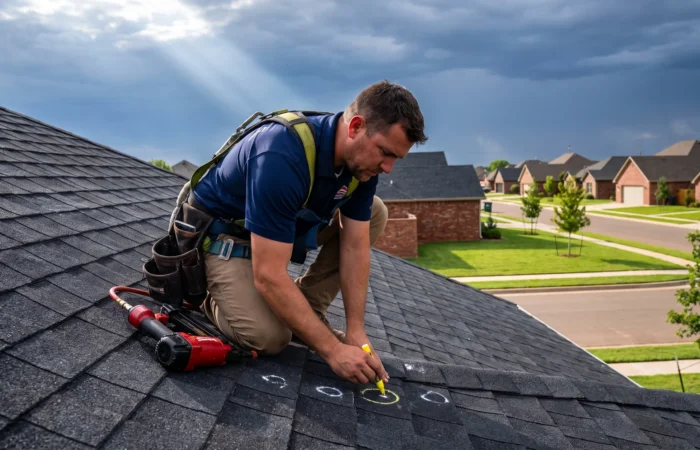 Roofer surveying hail damage roof repair in Lubbock on a bright West Texas morning after a storm
