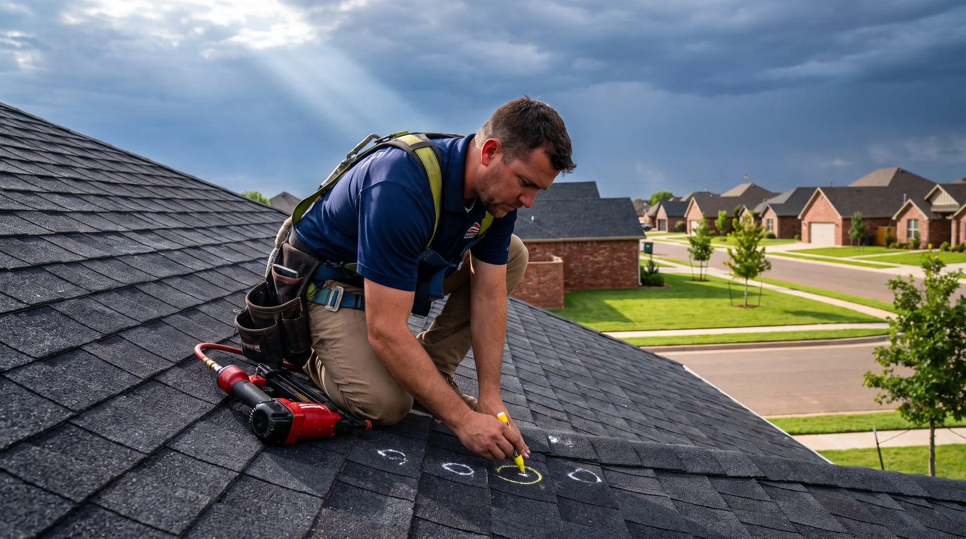 Roofer surveying hail damage roof repair in Lubbock on a bright West Texas morning after a storm