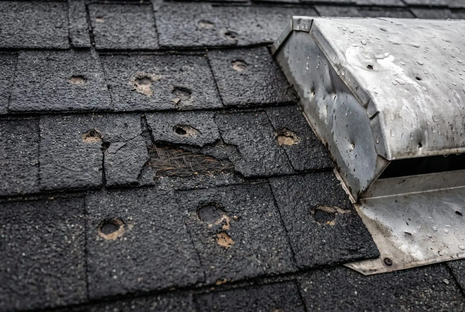 Hail-damaged asphalt roof shingles needing repair in Lubbock