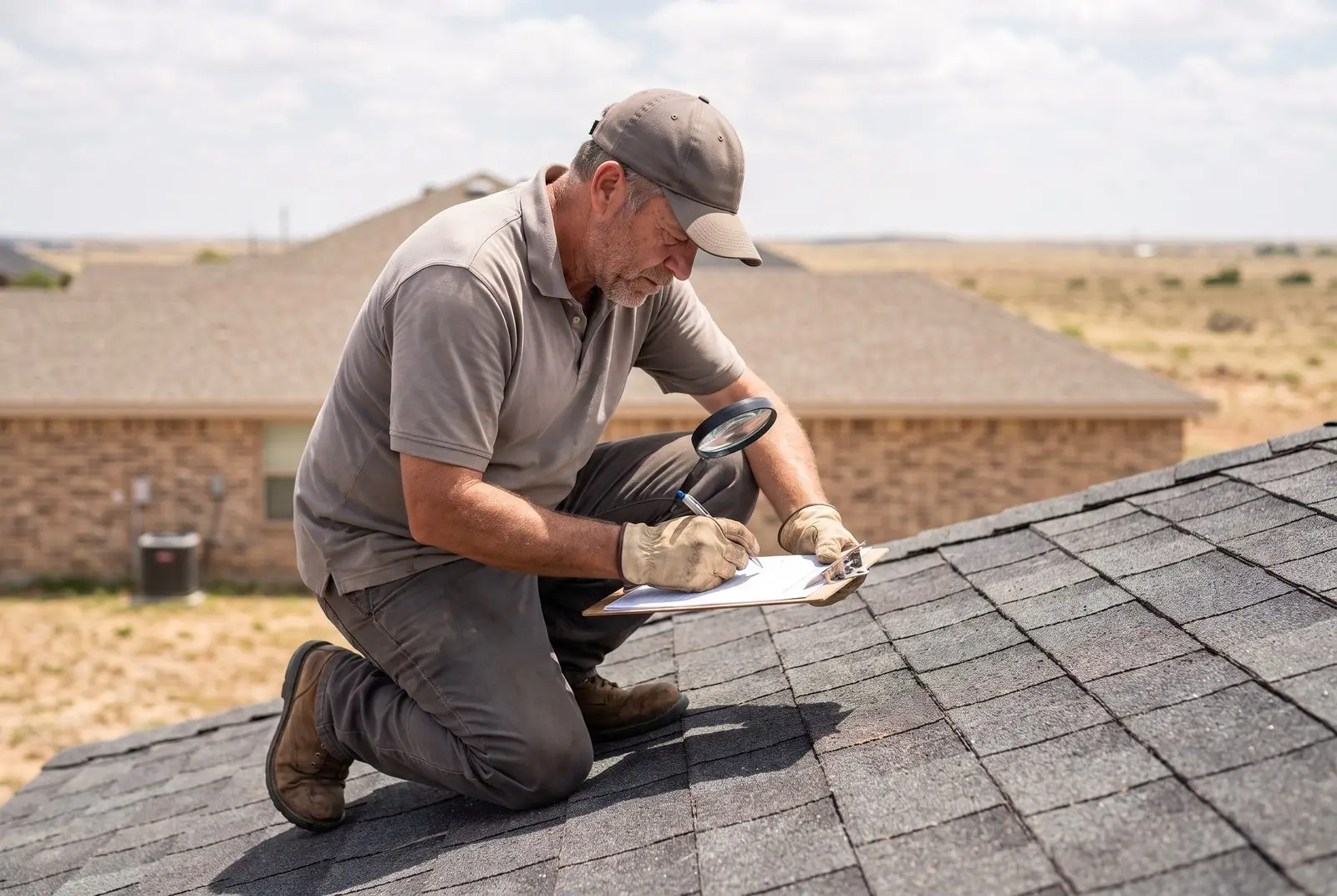Professional roofer inspecting a roof during a Lubbock roof inspection