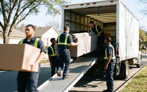 Last-Minute Movers in Lubbock: How to Pull Off a Quick Move 6 Professional uniformed last-minute movers in Lubbock quickly loading a clean moving truck outside a modern home on a bright day
