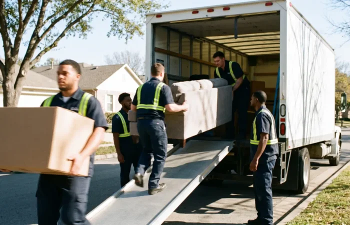 Last-Minute Movers in Lubbock: How to Pull Off a Quick Move 18 Professional uniformed last-minute movers in Lubbock quickly loading a clean moving truck outside a modern home on a bright day