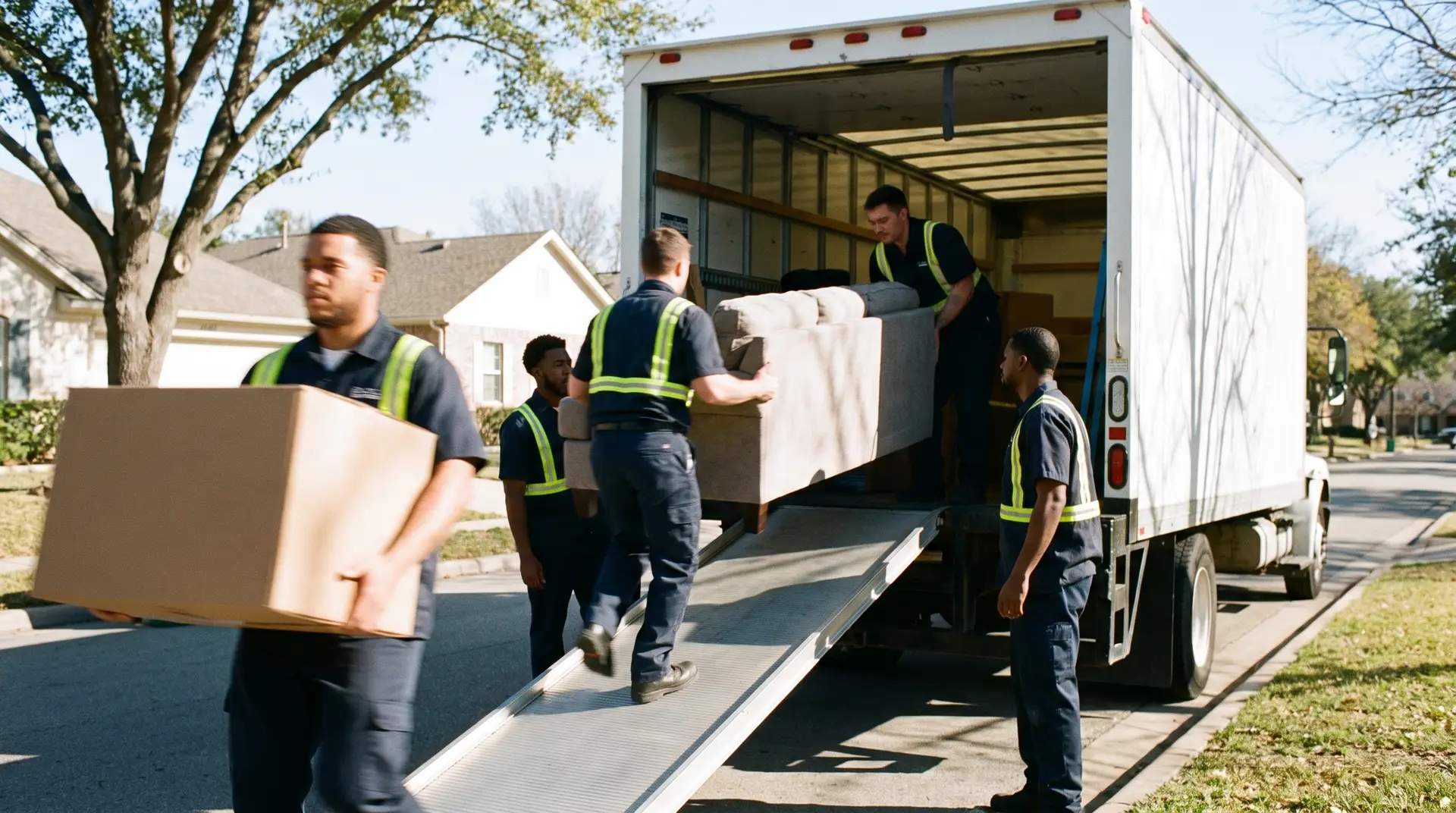 Professional uniformed last-minute movers in Lubbock quickly loading a clean moving truck outside a modern home on a bright day
